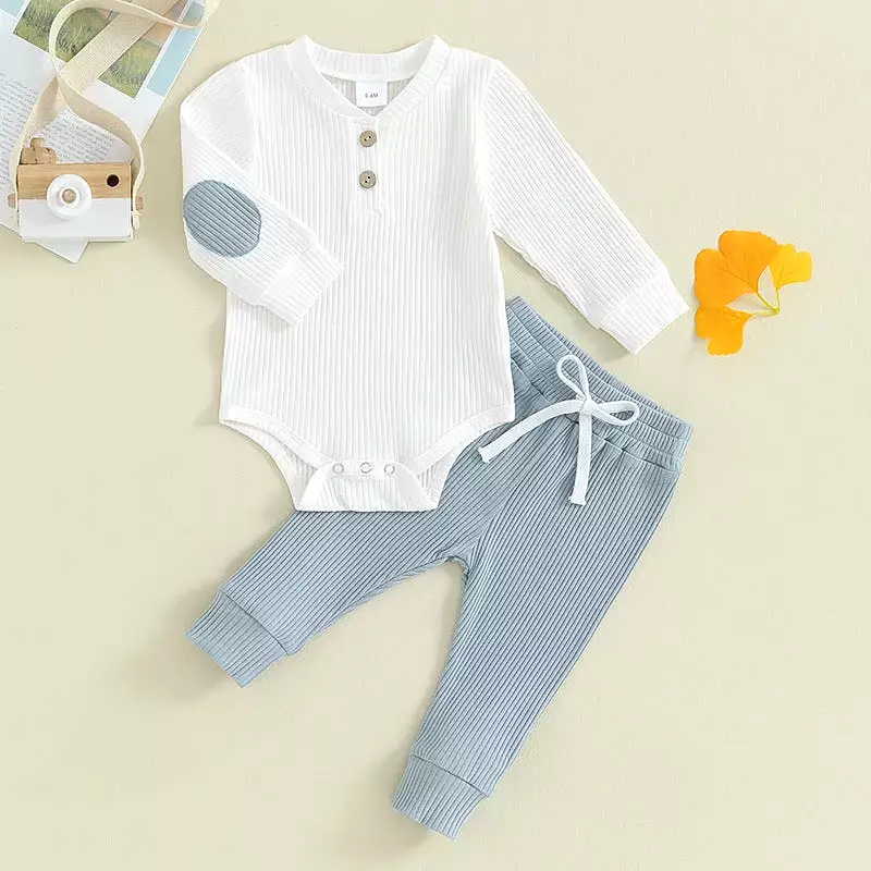 2 Pieces Set Baby Boys Solid Color Rompers And Pants Wholesale 231130324