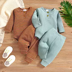 2 Pieces Set Baby Girls Boys Solid Color Striped Rompers And Pants Wholesale 24011103