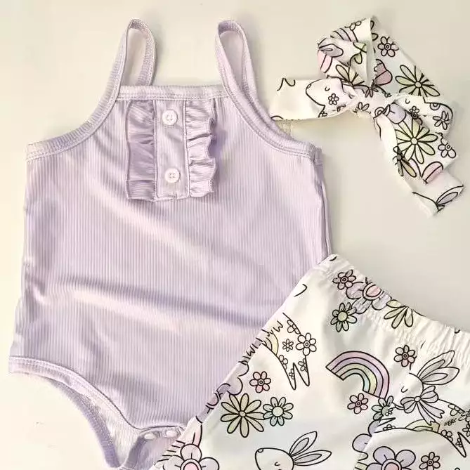 2 Pieces Set Baby Girls Easter Solid Color Tank Tops Flower And Cartoon Pants Wholesale 24030169