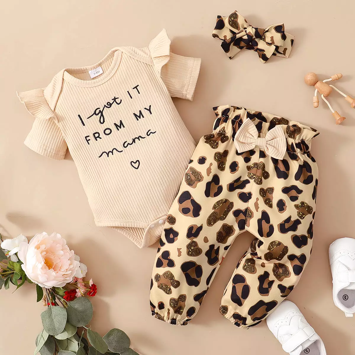 2 Pieces Set Baby Girls Letters Rompers And Leopard Pants Wholesale 24011105