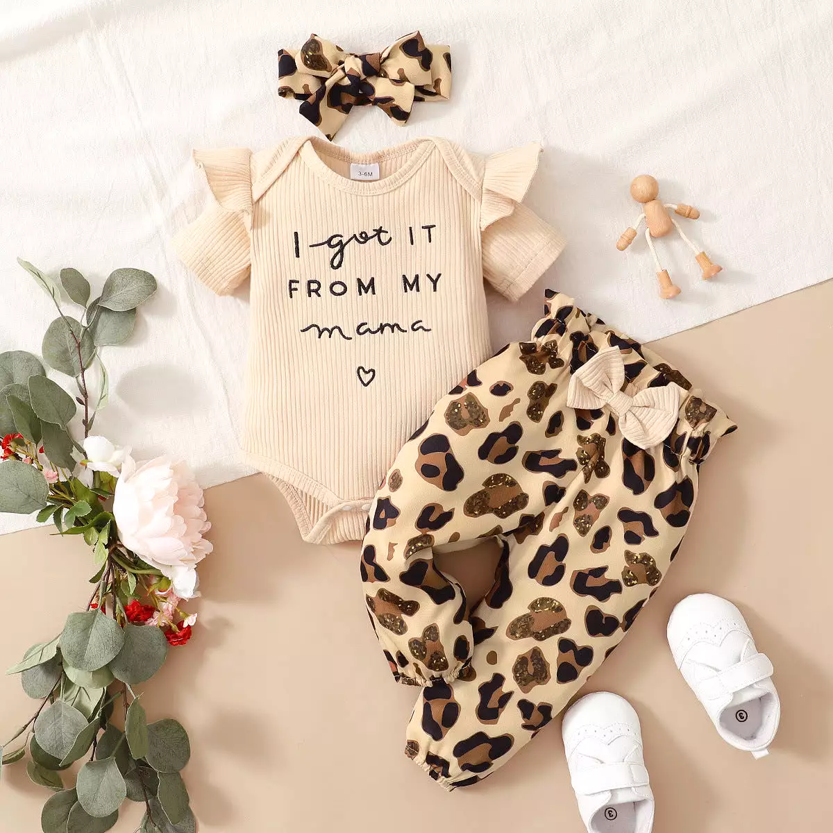 2 Pieces Set Baby Girls Letters Rompers And Leopard Pants Wholesale 24011105