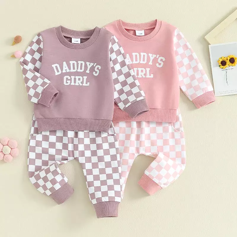 2 Pieces Set Baby Kid Girls Letters Color-blocking Tops And Checked Pants Wholesale 231130325