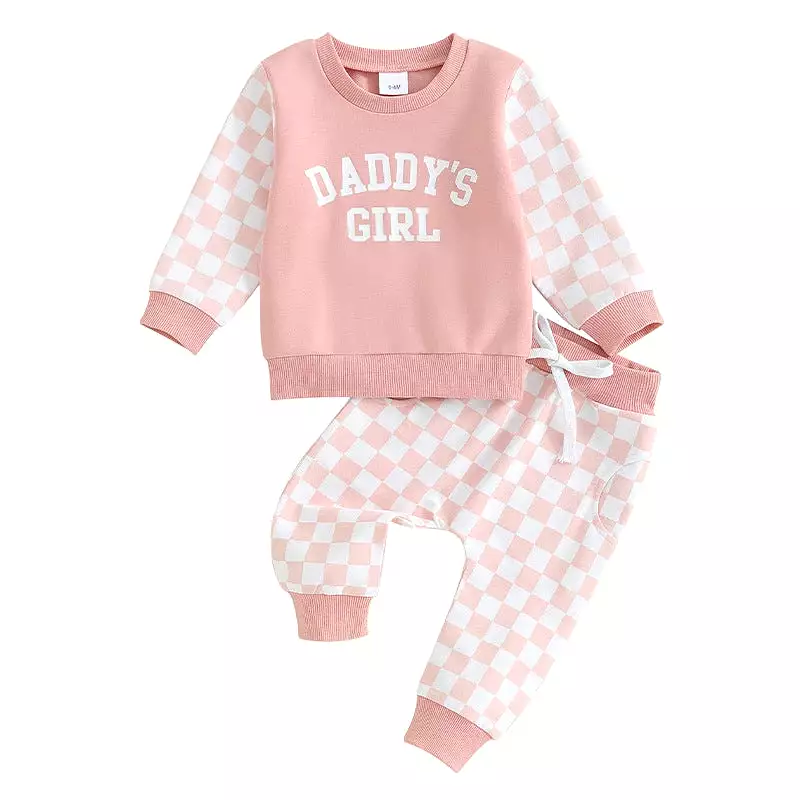 2 Pieces Set Baby Kid Girls Letters Color-blocking Tops And Checked Pants Wholesale 231130325