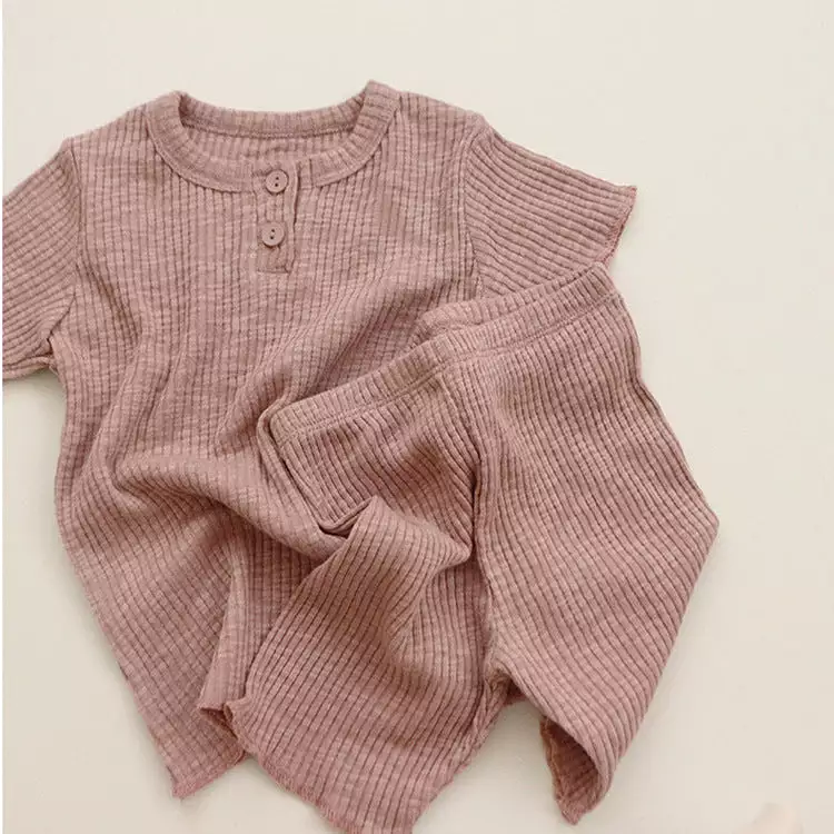 2 Pieces Set Baby Kid Girls Solid Color Muslin&Ribbed Tops And Pants Wholesale 24030122