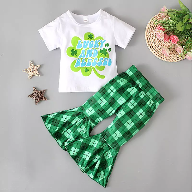 2 Pieces Set Baby Kid Girls St Patrick's Day Letters Tops And Checked Pants Wholesale 24030105