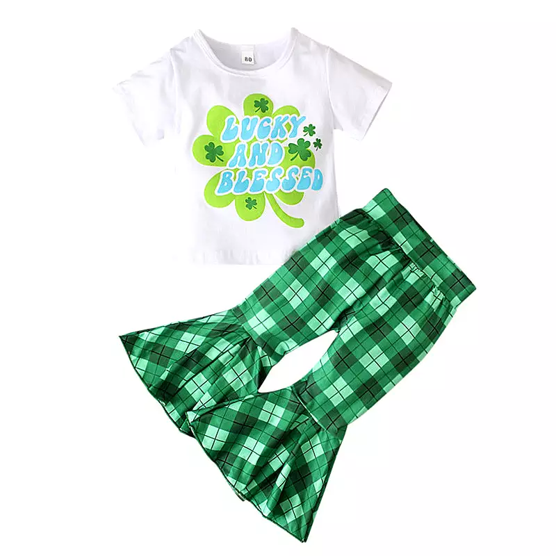 2 Pieces Set Baby Kid Girls St Patrick's Day Letters Tops And Checked Pants Wholesale 24030105