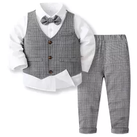 3 Pieces Set Baby Kid Boys Solid Color Shirts Checked Vests Waistcoats And Pants Wholesale 23082803