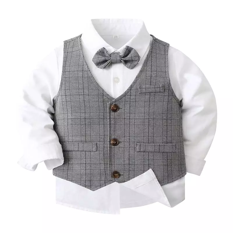 3 Pieces Set Baby Kid Boys Solid Color Shirts Checked Vests Waistcoats And Pants Wholesale 23082803