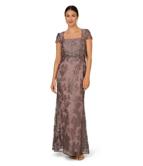 Adrianna Papell Metallic Embroidered Pop Over Mob Gown