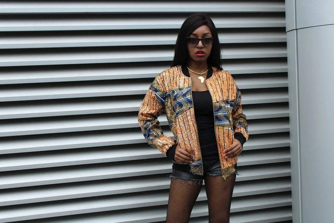 African Bomber Jacket in Gold Orange Print - Festival Jacket