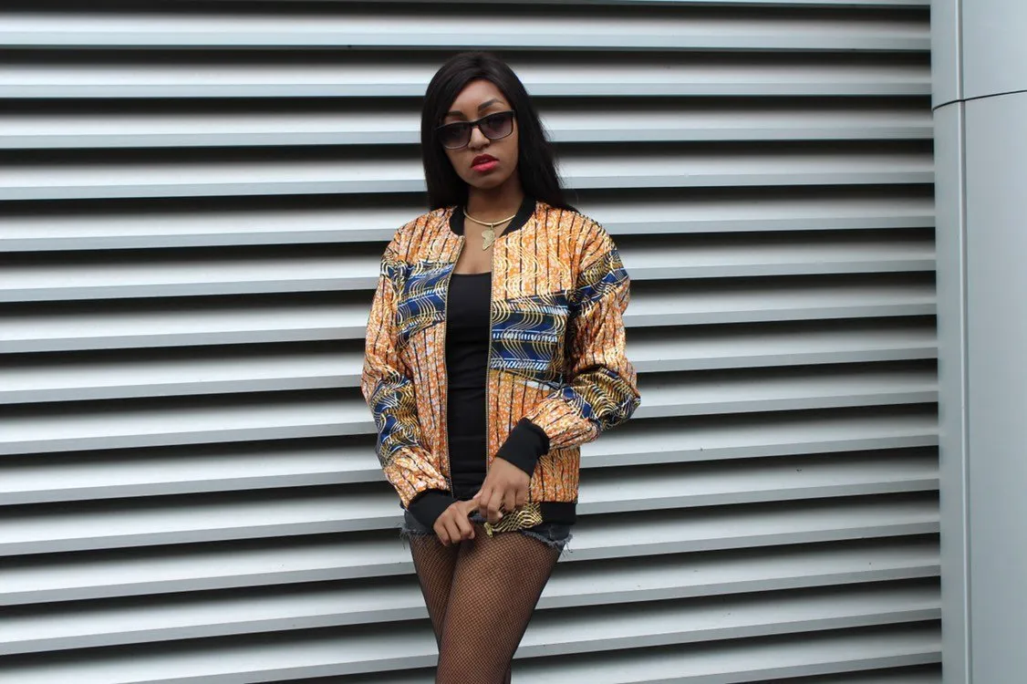 African Bomber Jacket in Gold Orange Print - Festival Jacket