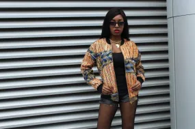 African Bomber Jacket in Gold Orange Print - Festival Jacket