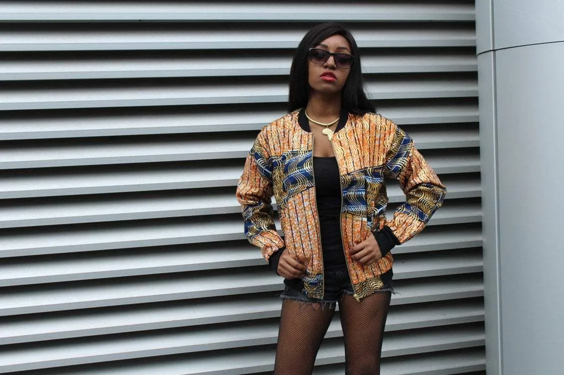 African Bomber Jacket in Gold Orange Print - Festival Jacket