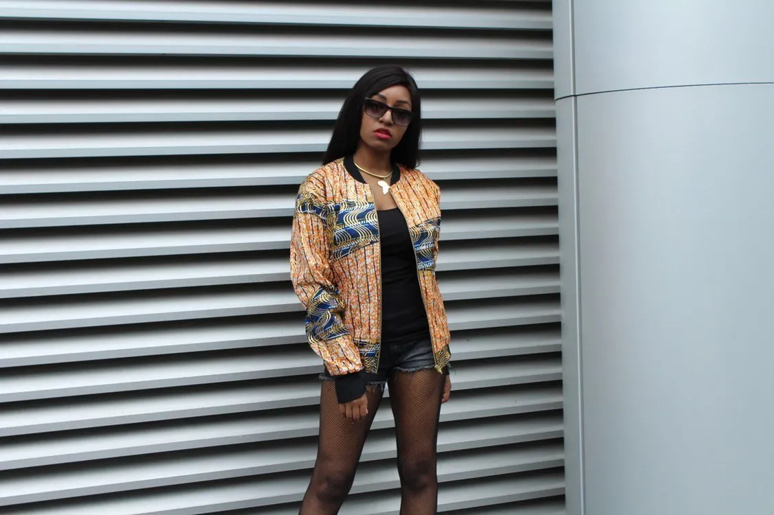 African Bomber Jacket in Gold Orange Print - Festival Jacket