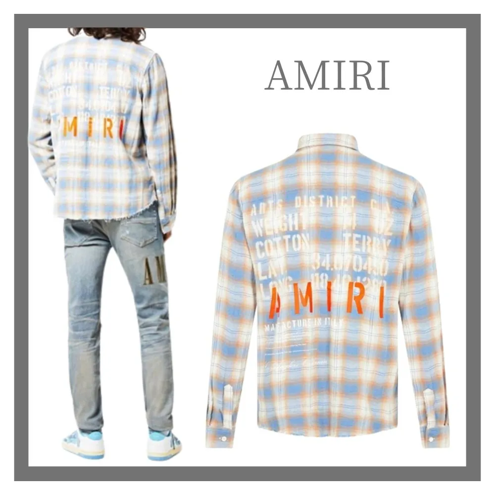 AMIRI  |Tartan Street Style Long Sleeves Cotton Logo Front Button