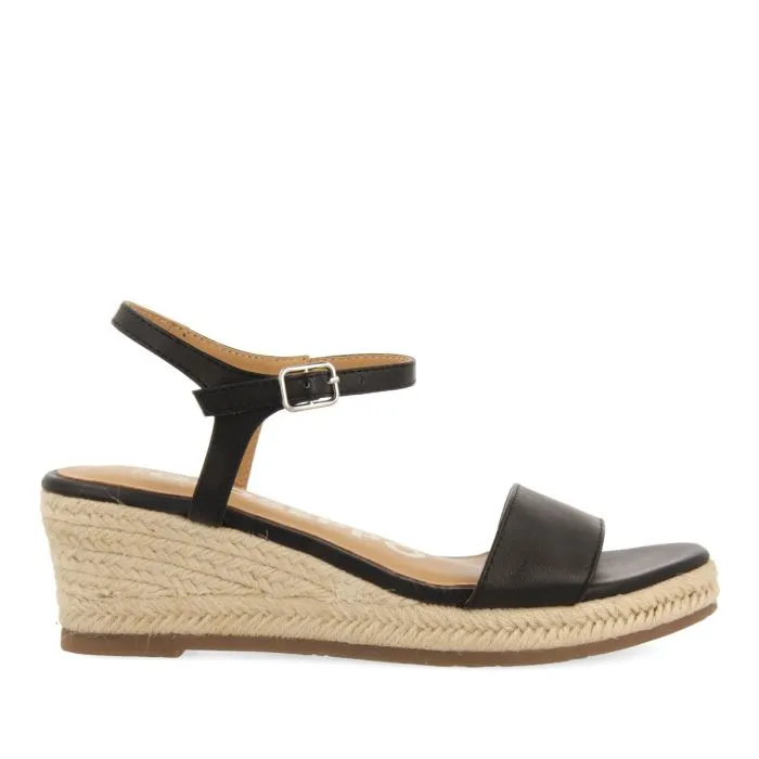 BLACK LEATHER WEDGE SANDALS WITH JUTE FOR WOMEN YALAHA