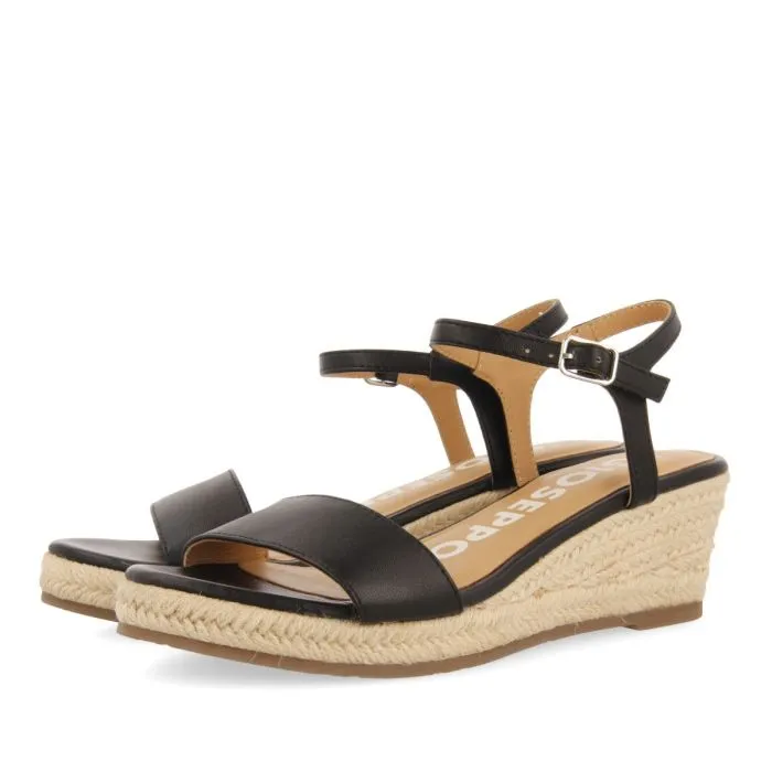 BLACK LEATHER WEDGE SANDALS WITH JUTE FOR WOMEN YALAHA