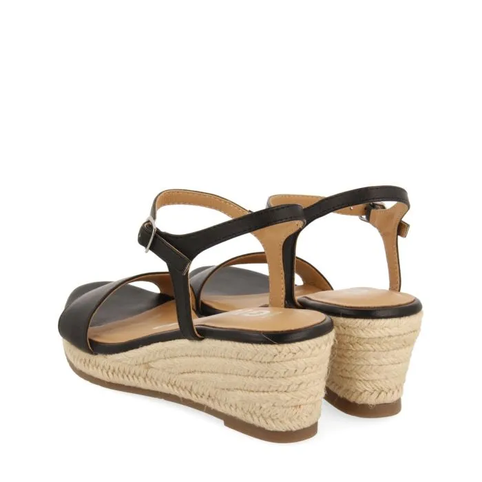 BLACK LEATHER WEDGE SANDALS WITH JUTE FOR WOMEN YALAHA