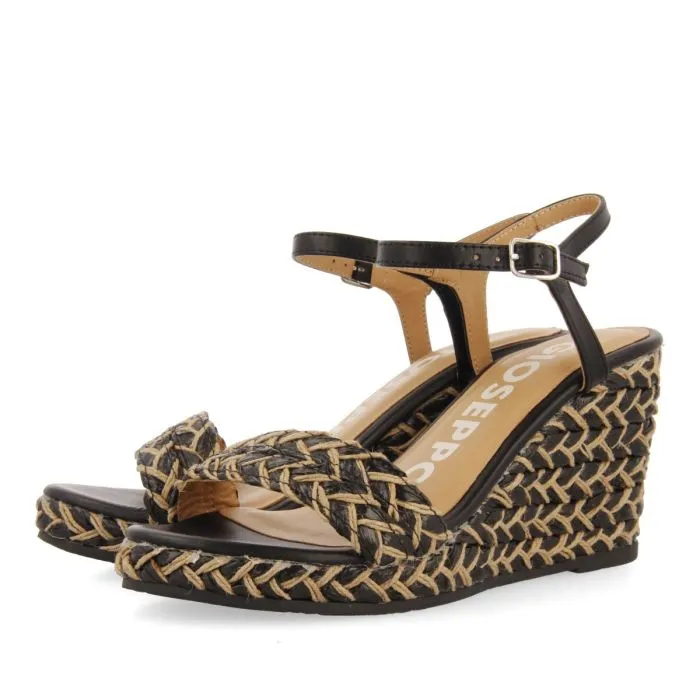 BLACK SANDALS AND NATURAL HIGH WEDGE WITH BRAIDED DETAILS FOR WOMEN TIGARD