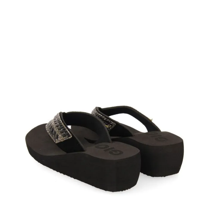 BLACK WEDGE SANDALS WITH CRYSTAL EMBELLISHMENT FOR WOMEN DEVICES