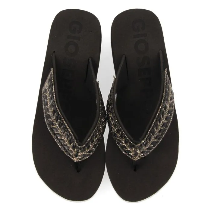 BLACK WEDGE SANDALS WITH CRYSTAL EMBELLISHMENT FOR WOMEN DEVICES