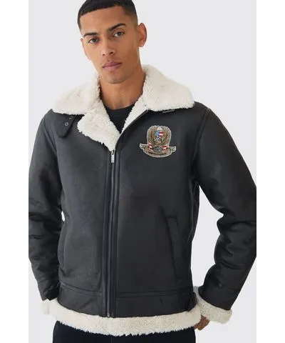 boohoo Mens Official Badge Suede Flight Jacket