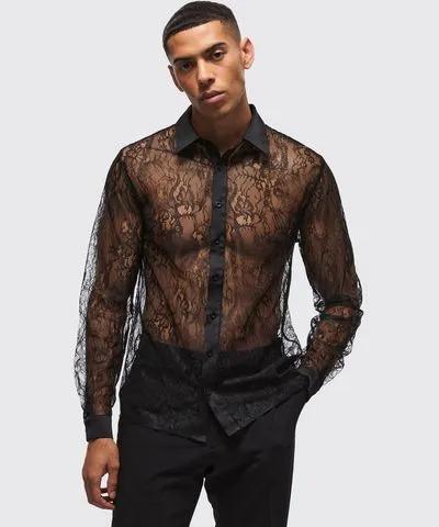 boohooMAN Mens Regular Fit Long Sleeve Lace Shirt