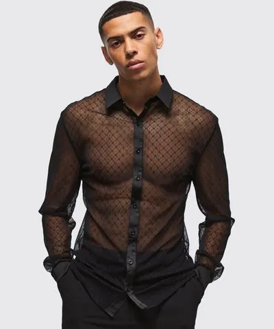 boohooMAN Mens Slim Fit Long Sleeve Lace Shirt