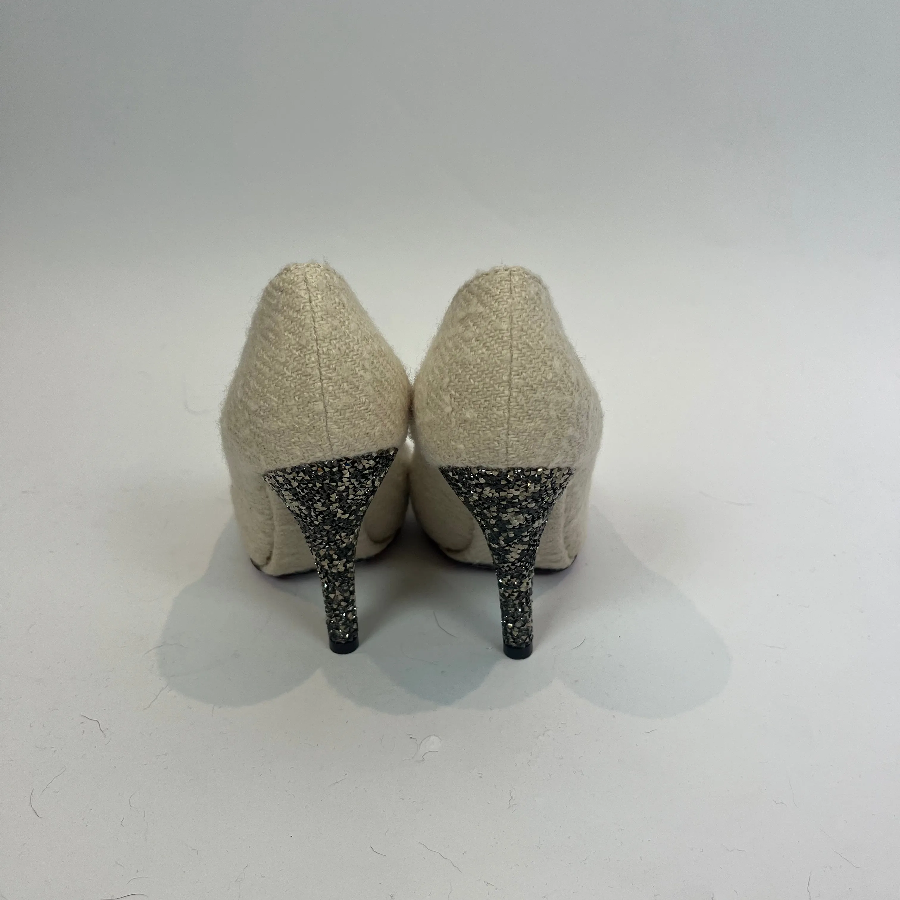 Bottega Veneta Cream Wool Glitter Heel Pumps 37.5