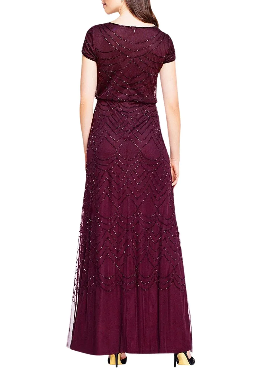 Burgundy Wavy Beaded Blouson Gown