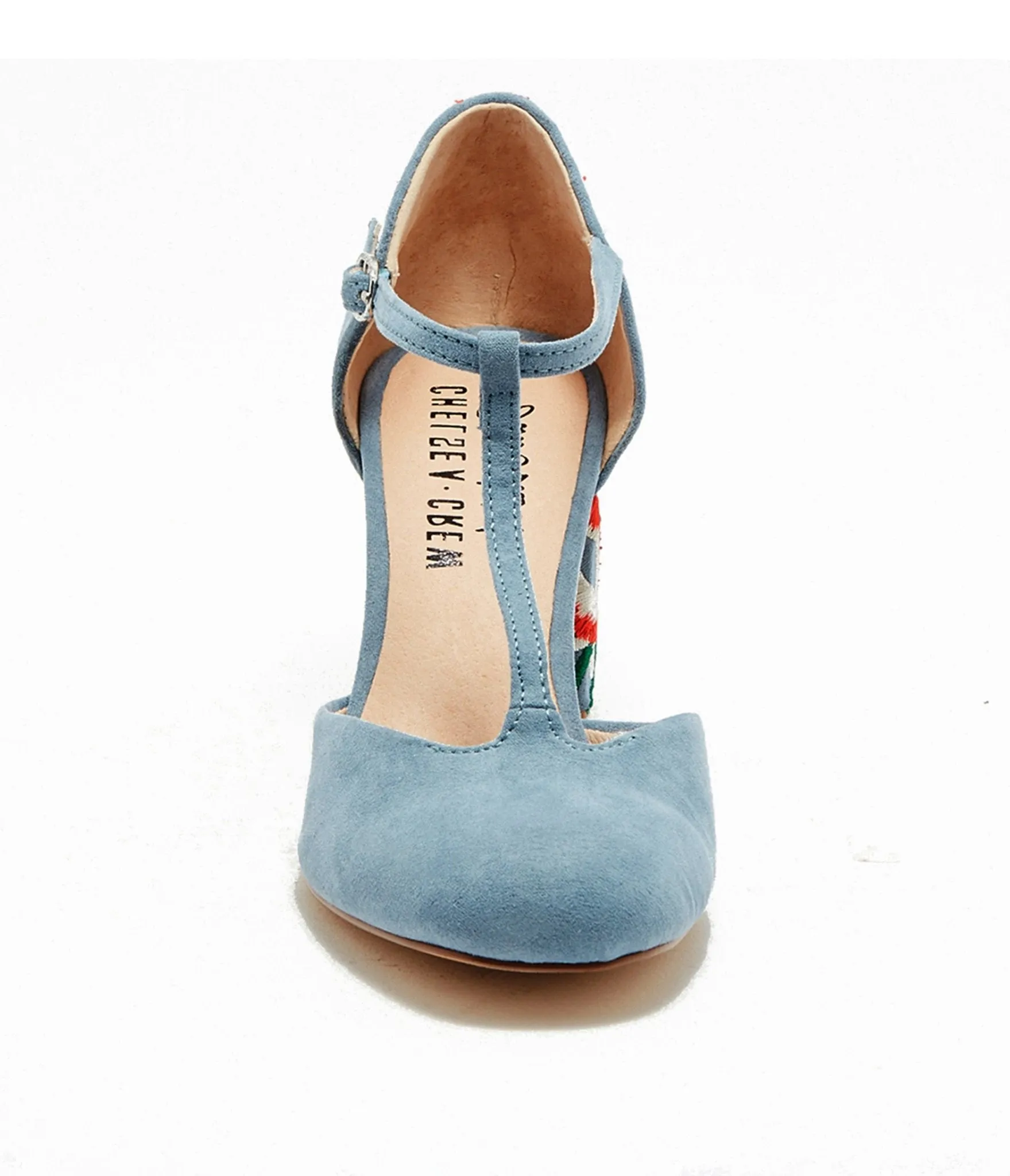 Chelsea Crew 1920s Sky Blue T-Strap Embroidered Frenchie Heels