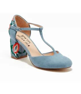 Chelsea Crew 1920s Sky Blue T-Strap Embroidered Frenchie Heels