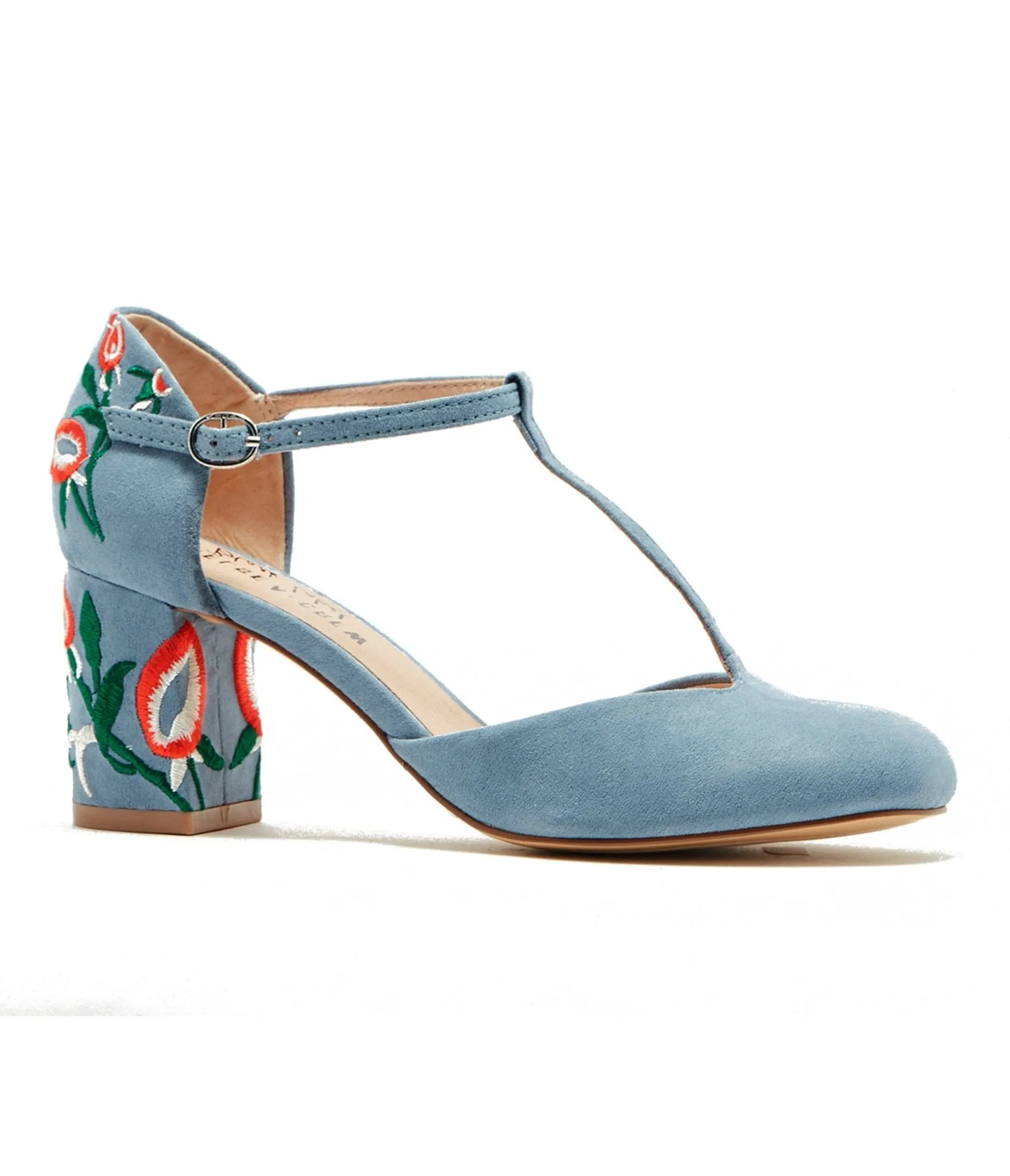 Chelsea Crew 1920s Sky Blue T-Strap Embroidered Frenchie Heels