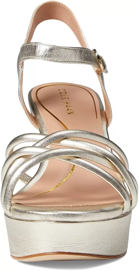 Cole Haan Grove Gold Leather Ankle Strap Strappy Open Toe Block Heeled Sandals