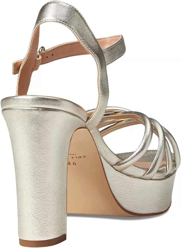 Cole Haan Grove Gold Leather Ankle Strap Strappy Open Toe Block Heeled Sandals