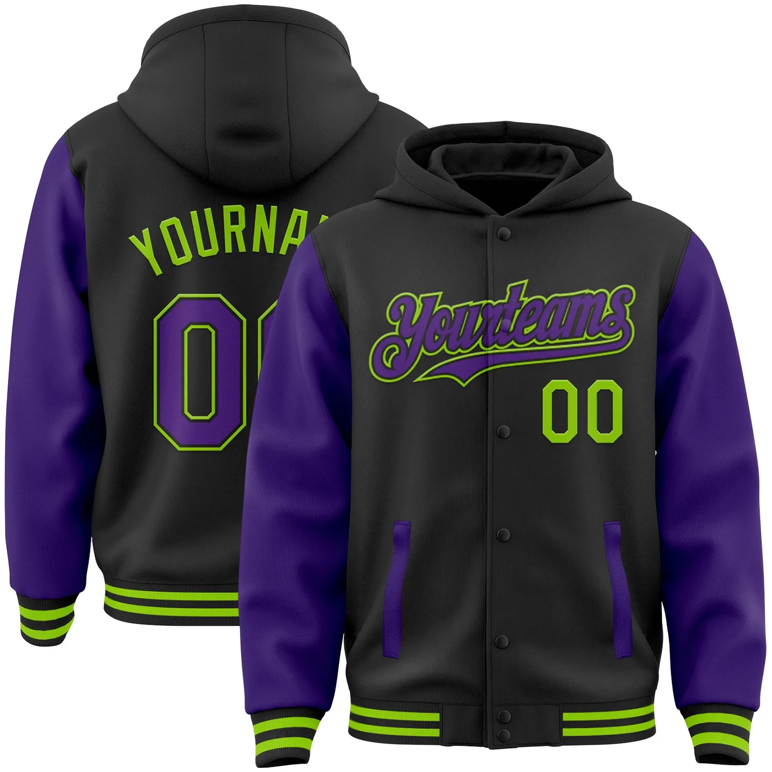 Custom Black Purple-Neon Green Bomber Full-Snap Varsity Letterman Two Tone Hoodie Jacket