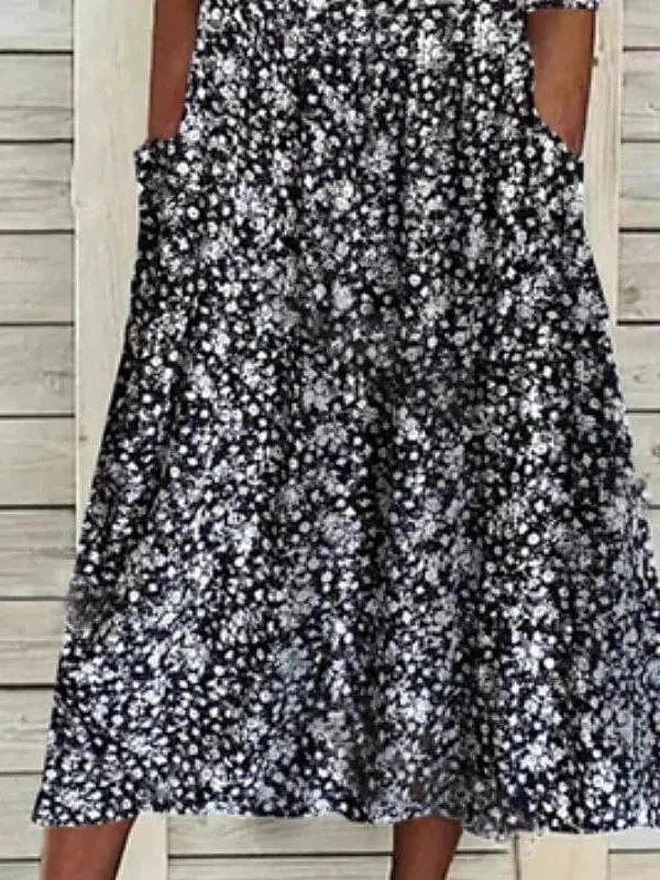 Elegant Black Floral Midi Sheath Dress with Half Sleeves for Women