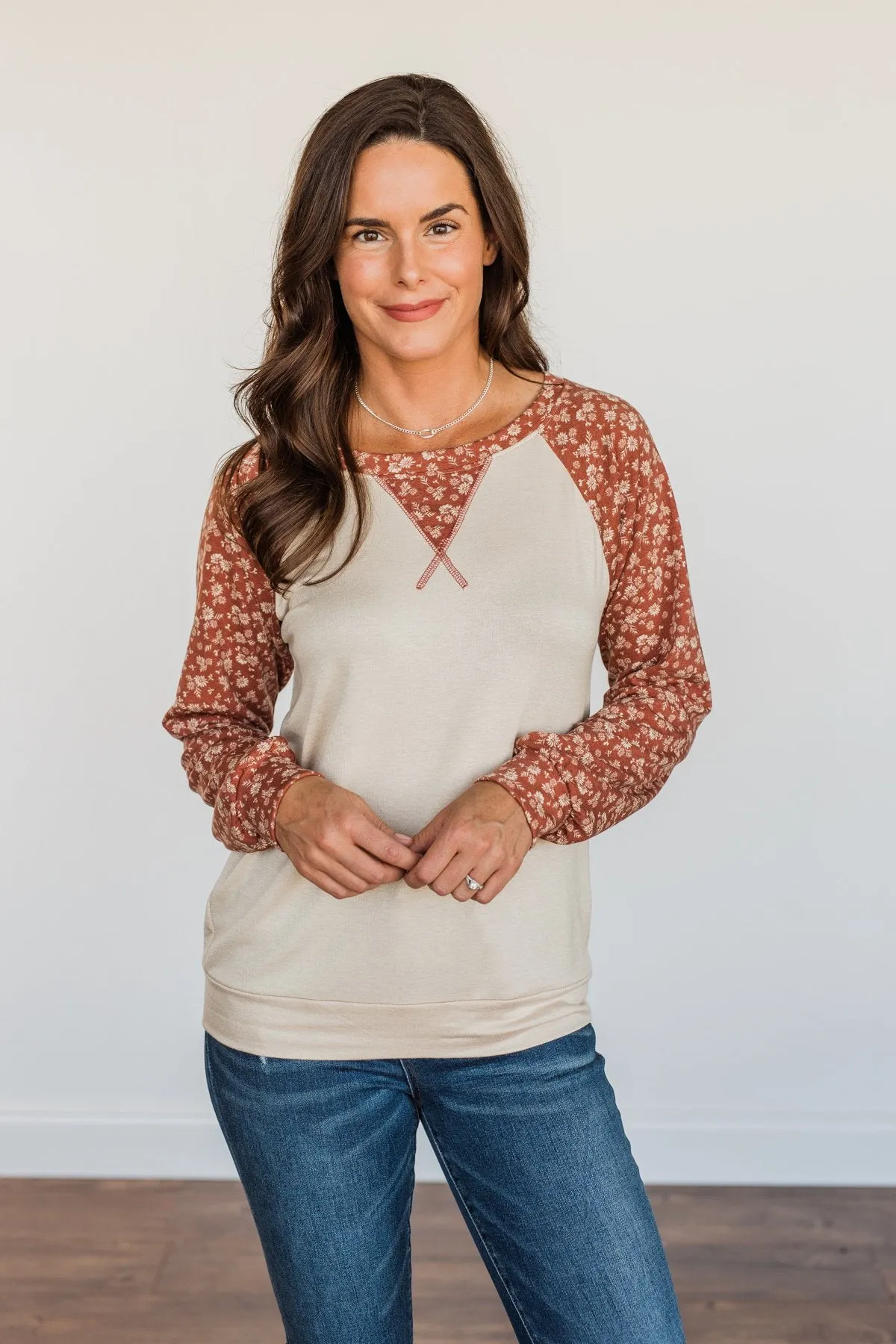 Feeling Cute Floral Long Sleeve Top- Oatmeal & Clay