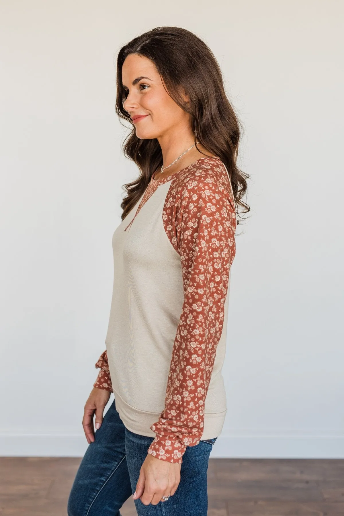 Feeling Cute Floral Long Sleeve Top- Oatmeal & Clay