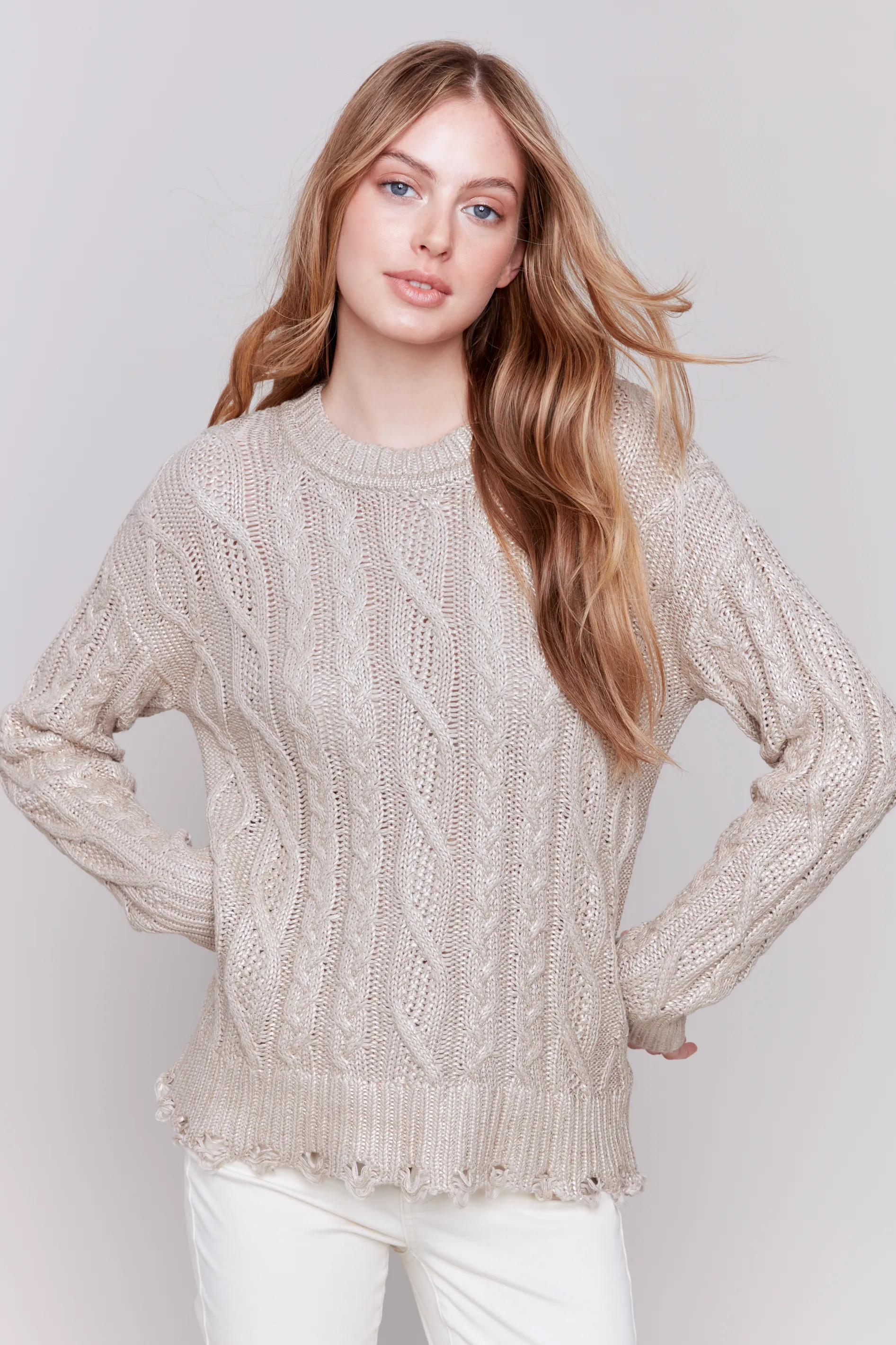 Foiled Cable Knit Crew-Neck Sweater