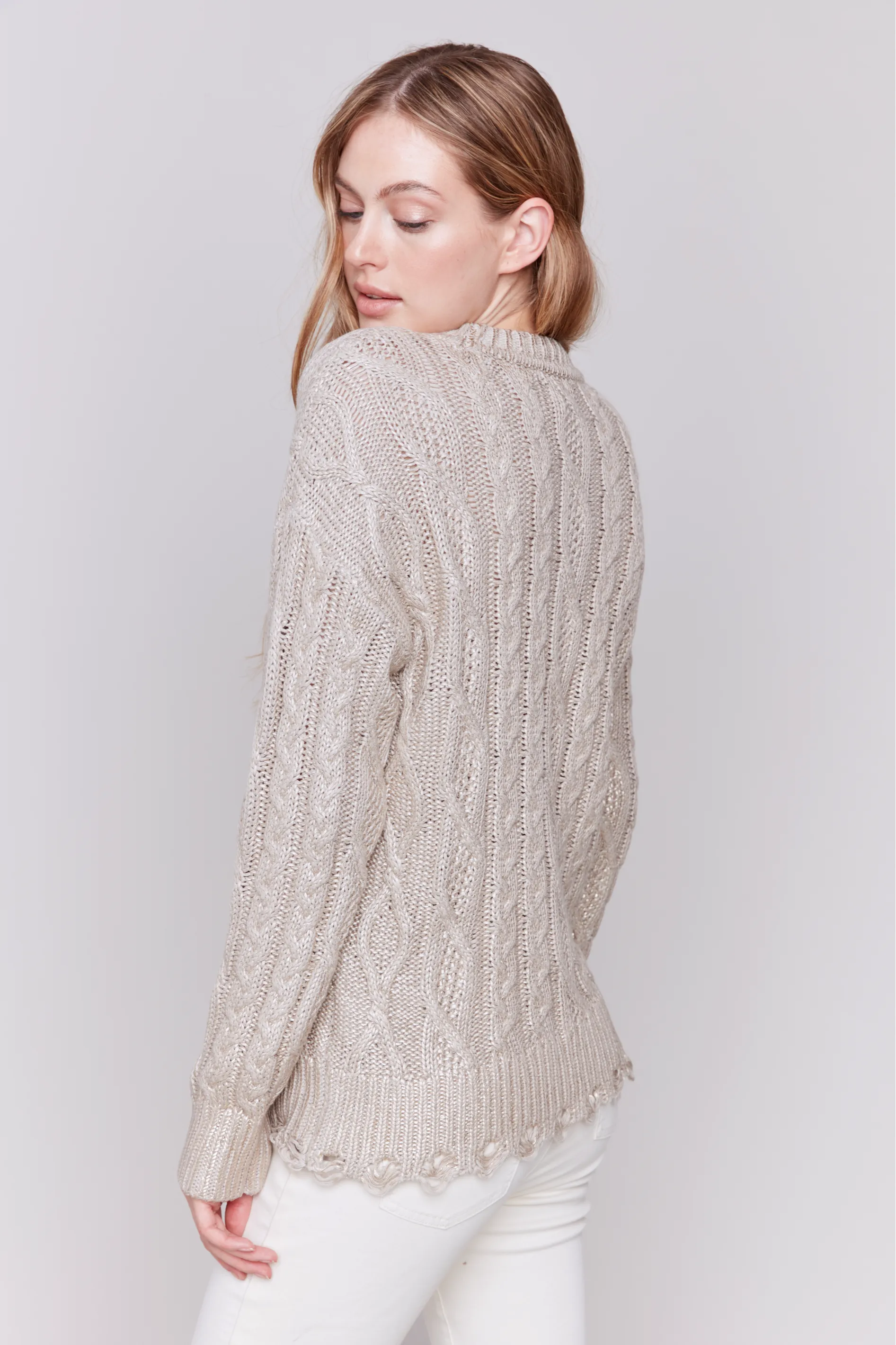 Foiled Cable Knit Crew-Neck Sweater