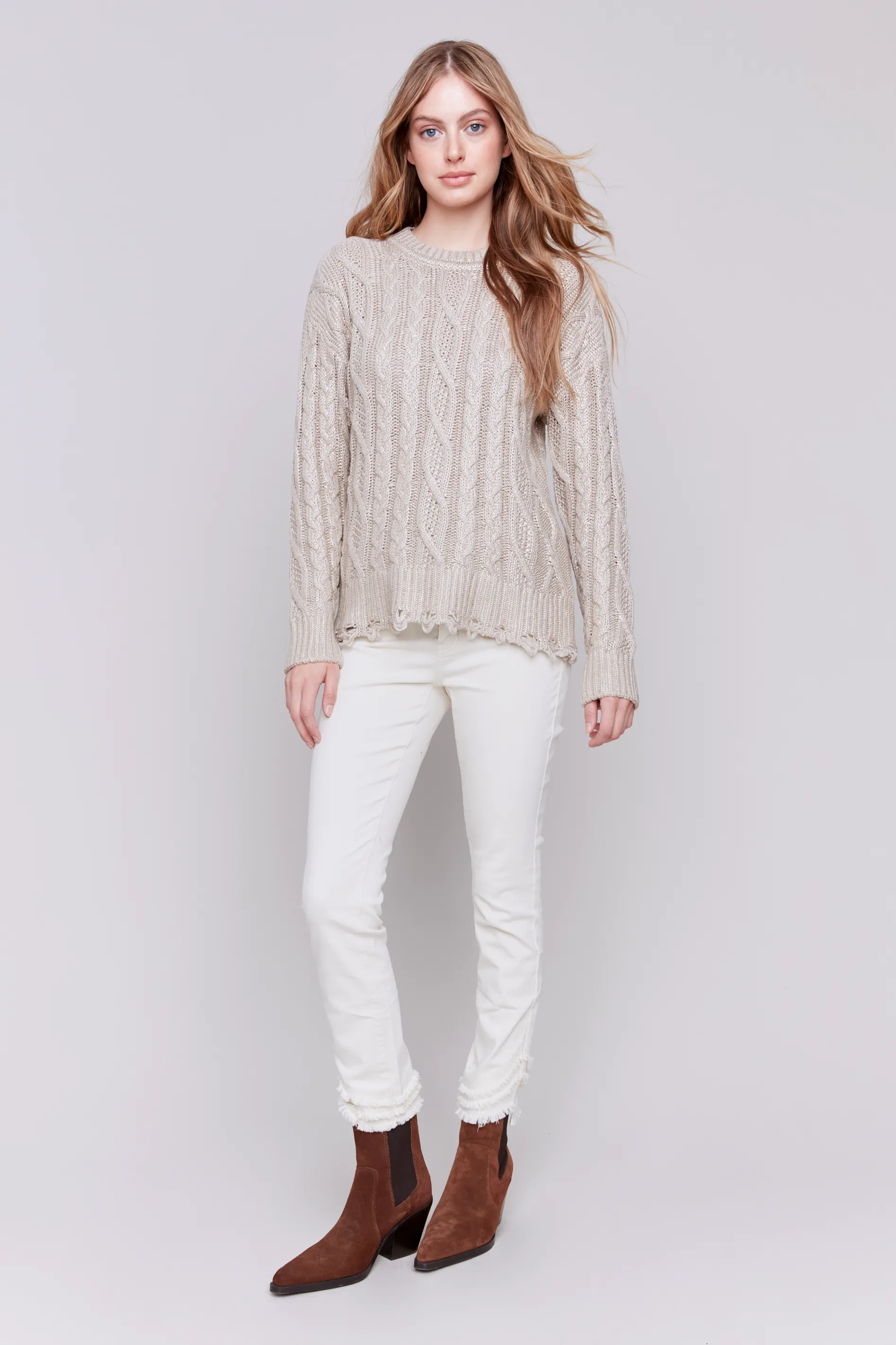 Foiled Cable Knit Crew-Neck Sweater