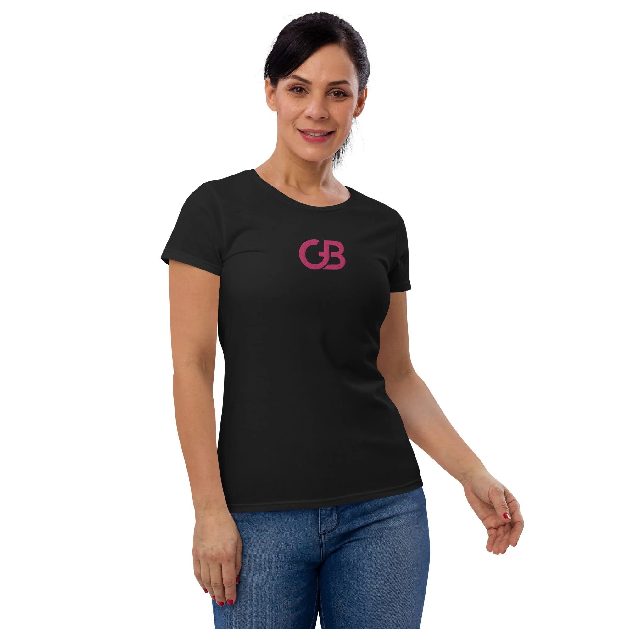 Gerald Black Pink Embroidery Short Sleeve Statement T-Shirt for Women