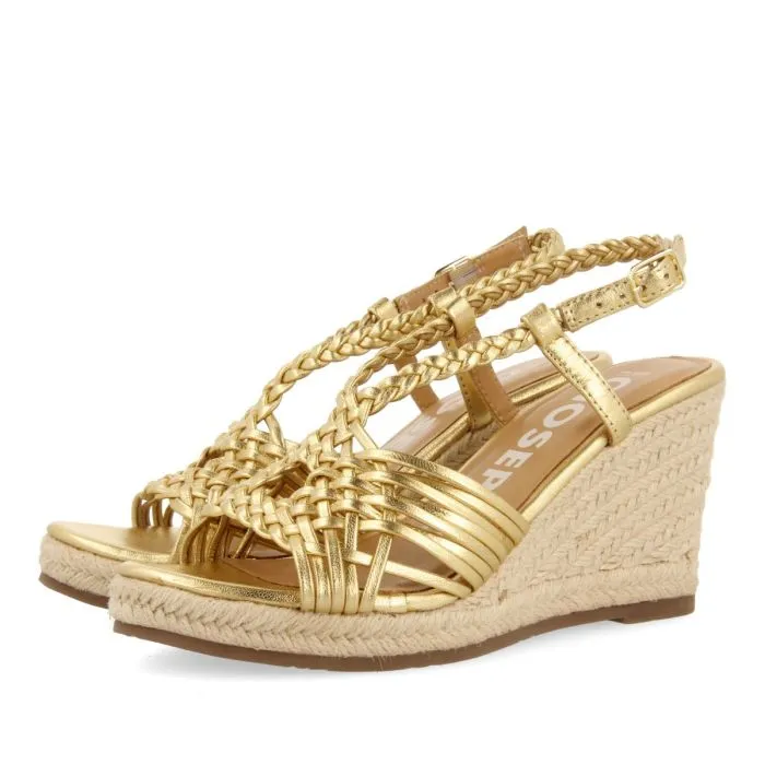 GOLDEN LEATHER SANDALS WITH STRAPS AND HIGH JUTE WEDGE FOR WOMEN GLIDE