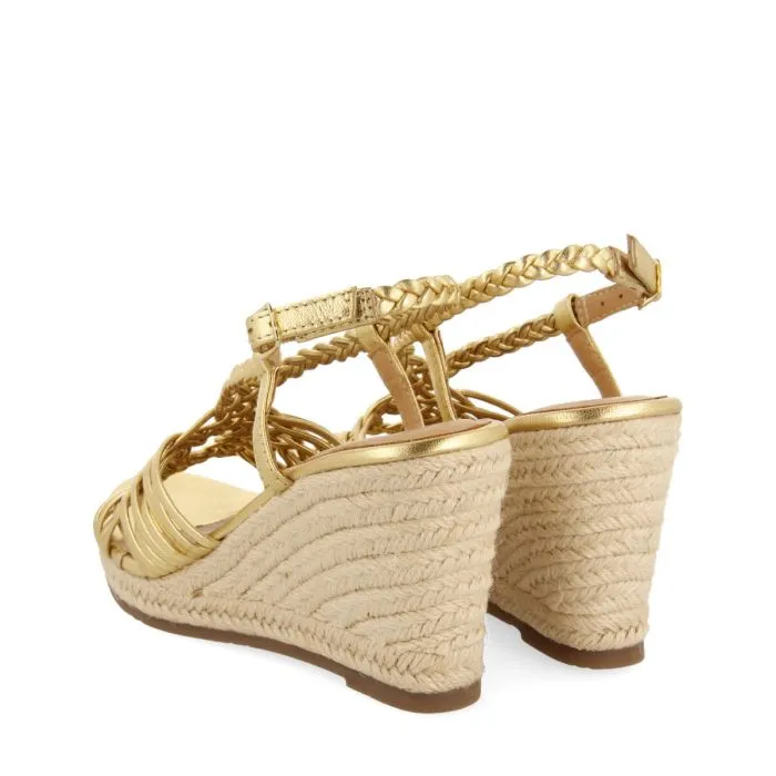 GOLDEN LEATHER SANDALS WITH STRAPS AND HIGH JUTE WEDGE FOR WOMEN GLIDE