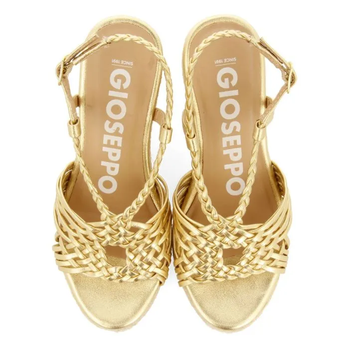 GOLDEN LEATHER SANDALS WITH STRAPS AND HIGH JUTE WEDGE FOR WOMEN GLIDE