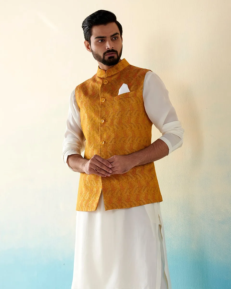 Handloom Mustard Pure Katan Silk Banarasi Nehru Jacket