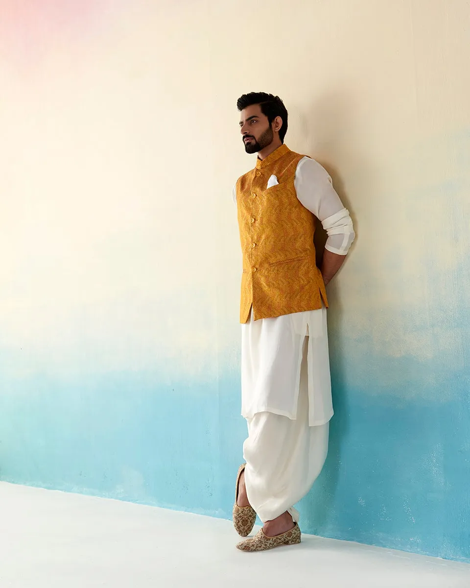 Handloom Mustard Pure Katan Silk Banarasi Nehru Jacket