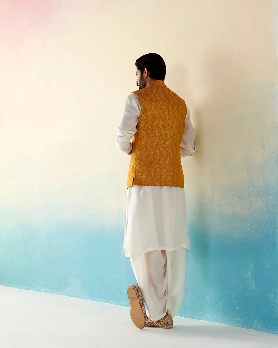 Handloom Mustard Pure Katan Silk Banarasi Nehru Jacket