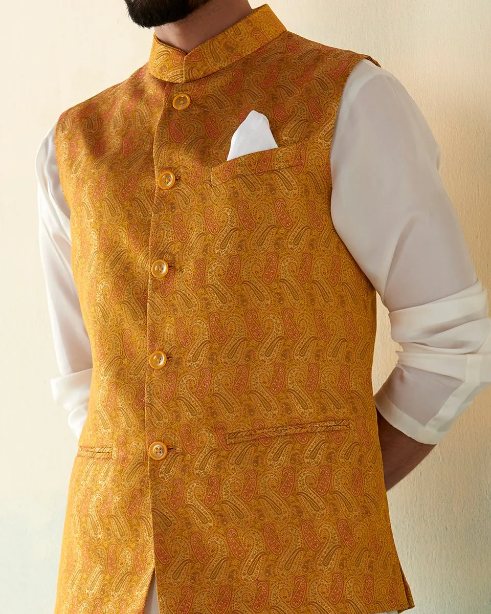 Handloom Mustard Pure Katan Silk Banarasi Nehru Jacket